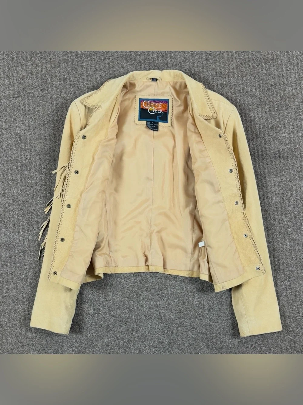 Cripple Creek Tan Suede Leather Fringe Western Jacket Womens L Beaded Medallions - Picture 4 of 15